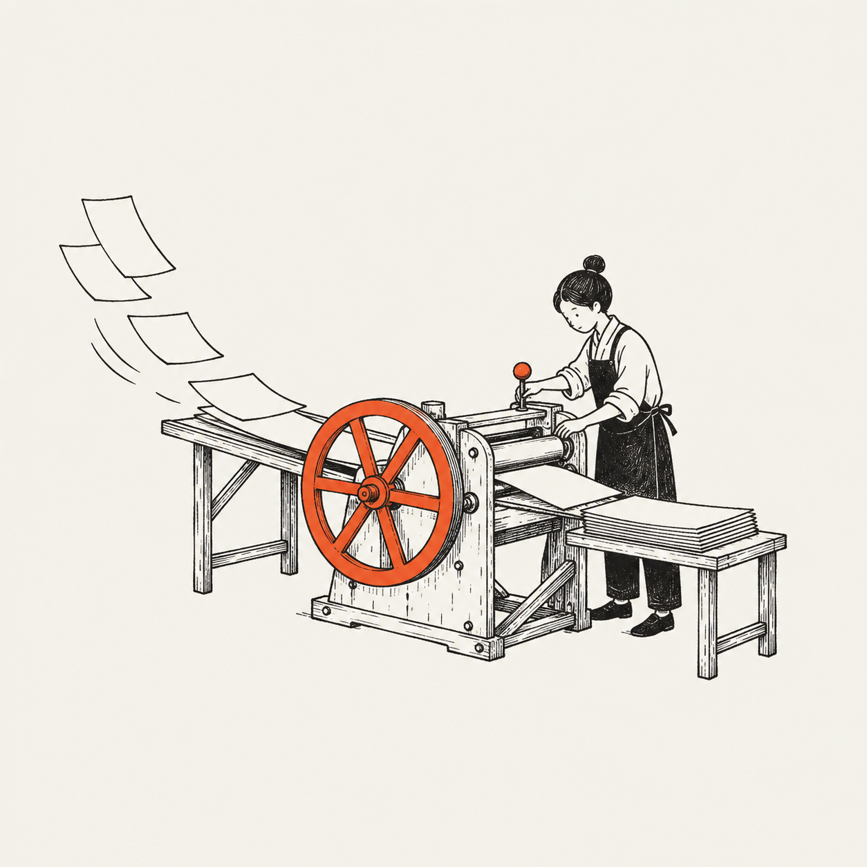 An ink drawing of a craftsperson turning scattered sheets into an orderly stack with a small vermilion-wheeled machine.